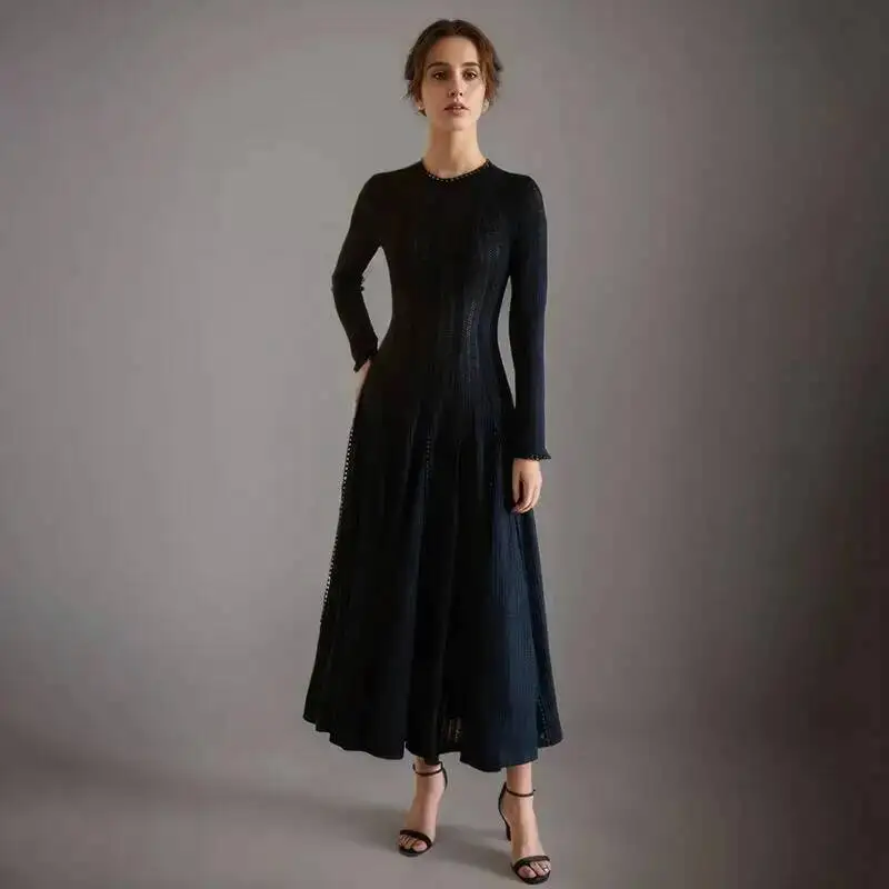 

Fashion Hollow Out Lace Dress Women's Round Neck Slim High Waist black Long Sleeves Big Swing Dresses New