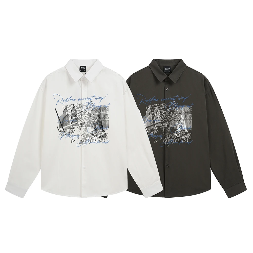 Trend Print Men's Shirts Y2k Streetwear Designer Tops Oversized Long Sleeve Shirt For Man Korean Popular Clothes Japanese Style