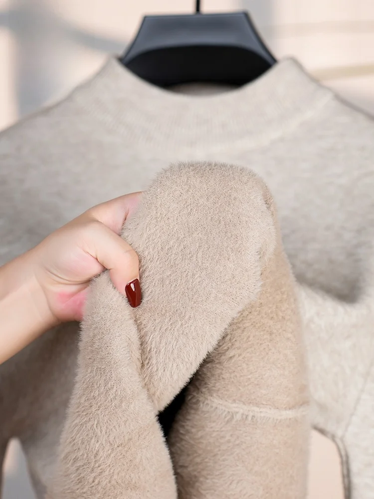 

Мужской вязаный свитер с высоким воротником на флисовой подкладке, мягкий, теплый, повседневный, для зимы, внутренняя одежда, топ из вельвета