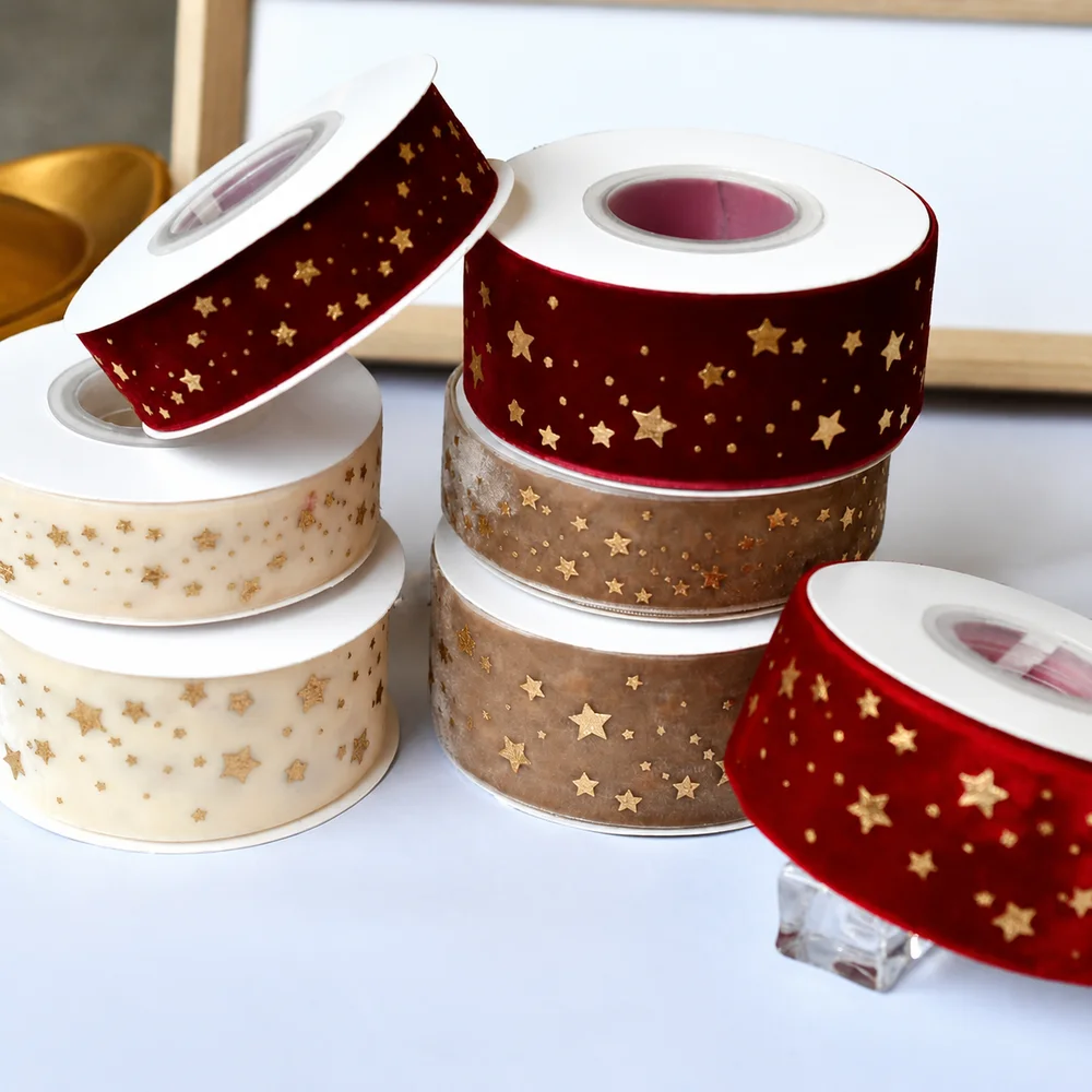 5 Yards/Roll 2.5cm Width Christmas Gold Foil Printed Flocked Velvet Ribbon for Xmas Decoration Gift Wrapping DIY Crafts