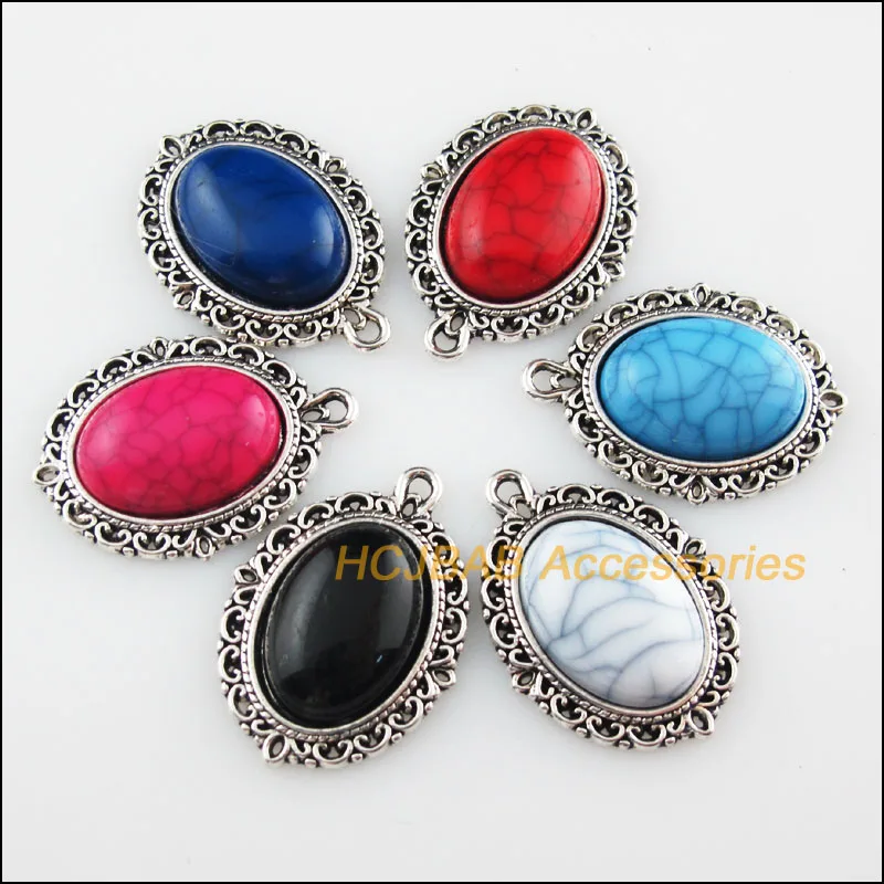 

12Pcs Tibetan Silver Plated Oval Mixed Stone Charms Pendant 21x28mm