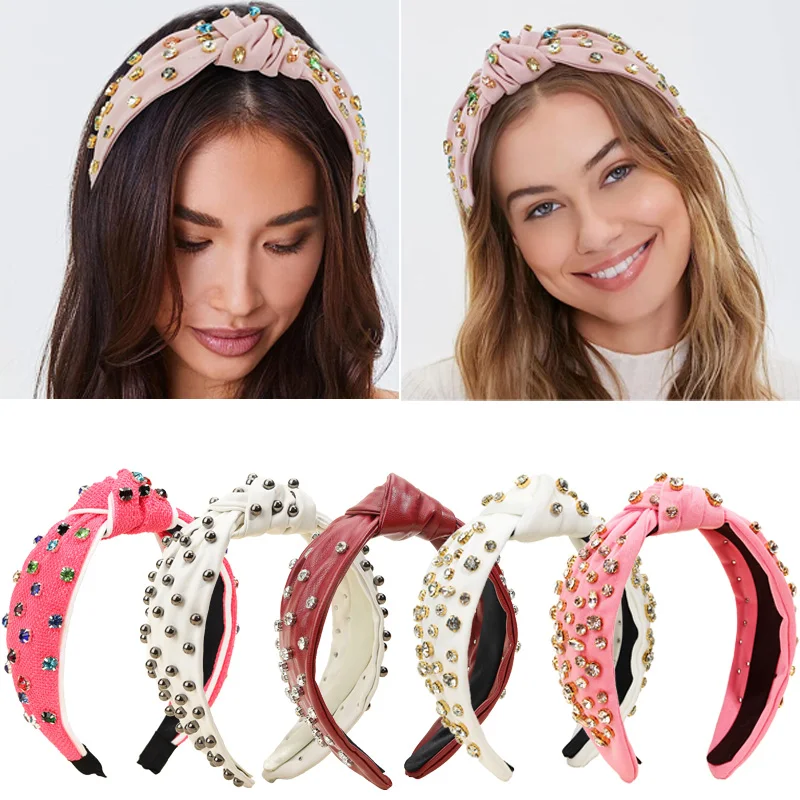 Elegant Knotted Jeweled Headband Women Pearl Embellished Hair Hoop Wide New Spring Top Hairbands Girls Headwear Hair Hccessories