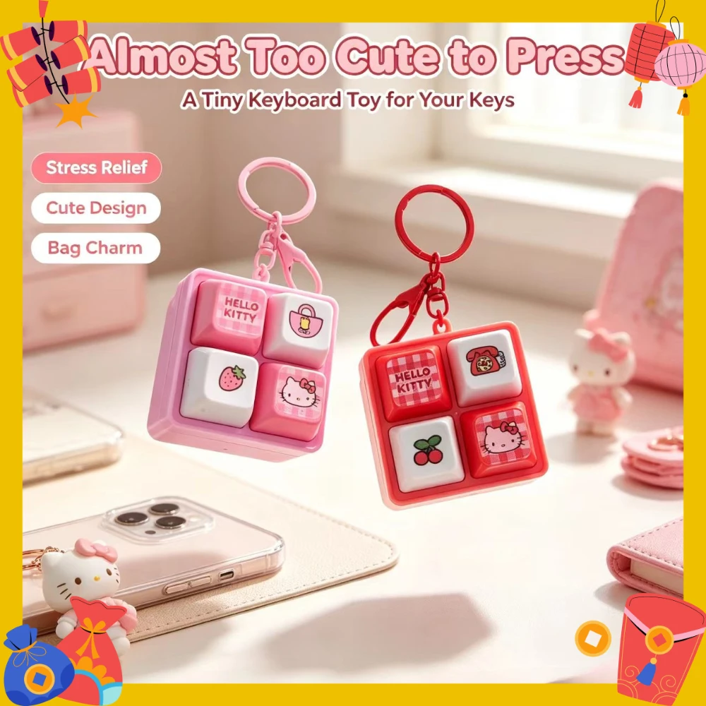 Hello Kitty 4-Key Keycap Fidget Keychain Portable Finger Clicker Bag Pendant Stress Relief Anti-anxiety Cute Gift