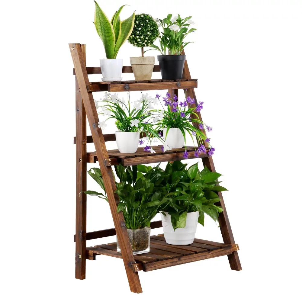 2023 New 3-Tier Folding Wooden Ladder Shelving Flower and Plant Display Stand for Indoors or Outdoors