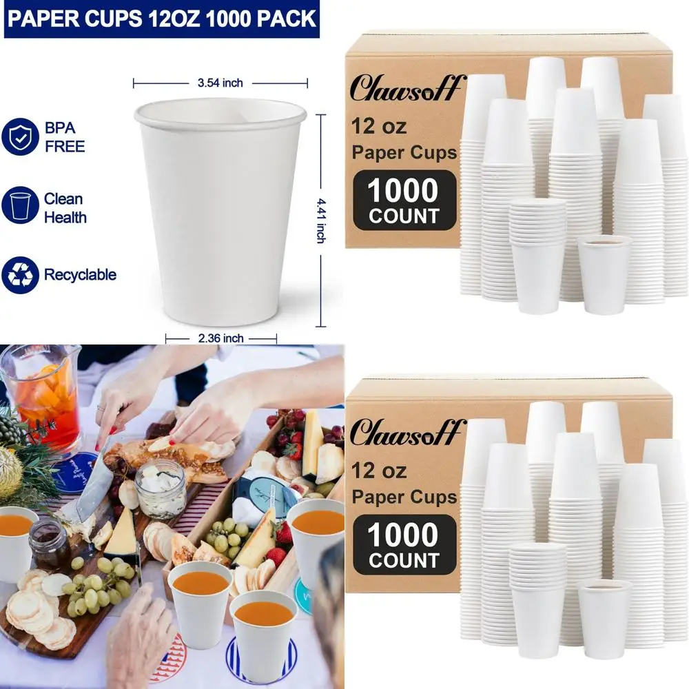 

Одноразовые бумажные стаканчики на 12 унций, упаковка 1000 штук, утолщенные белые стаканчики для напитков, идеально подходят для дома, офиса, вечеринок и мероприятий