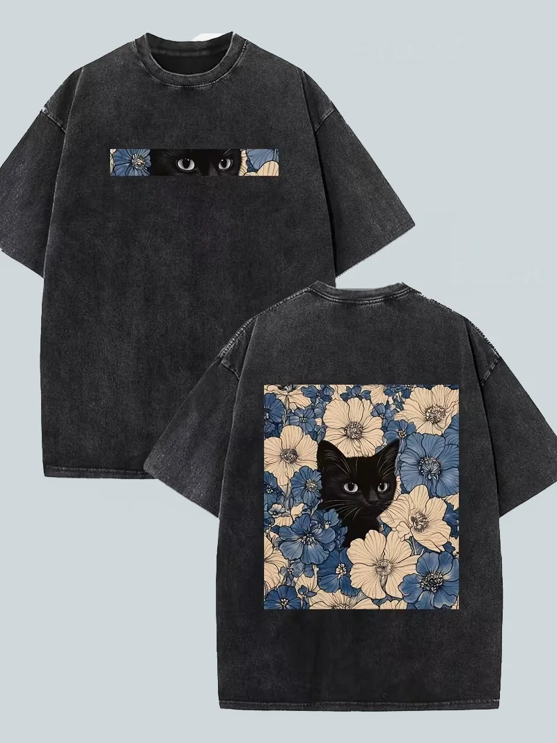 Floral Hidden Black Cat Front Back Graphic T-Shirt, Vintage Washed Crew Neck Loose Casual Short Sleeve Daily Street Style Top