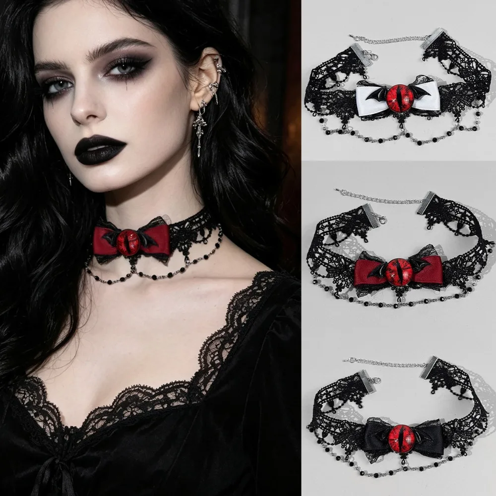 Dark Lace Demon Wings Red Eyeball Choker Necklace for Girl Gothic Crystal Chain Bow Collar  Alt Subculture Jewelry for Women