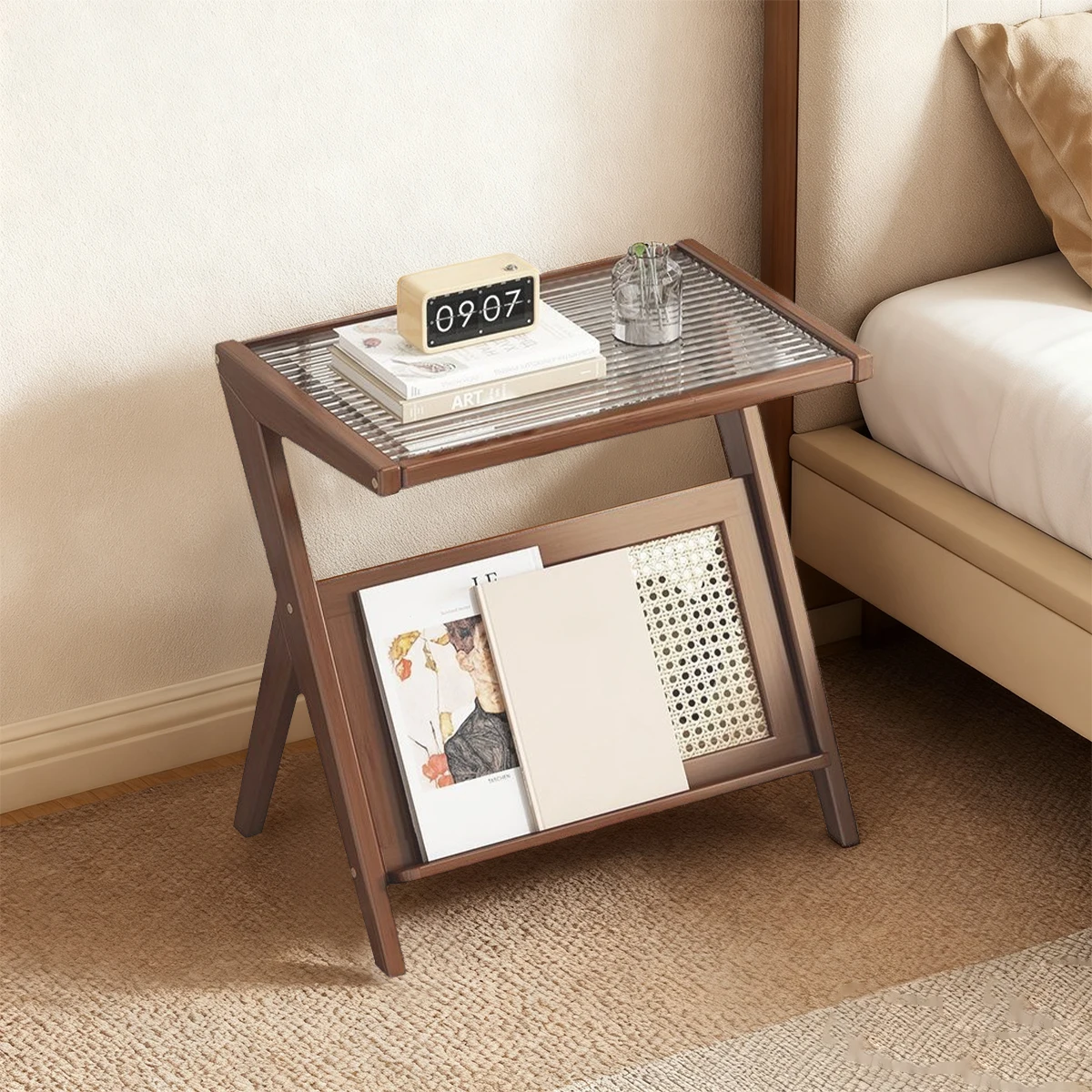 Tavolino da caffè in acrilico lato/tavolo portaoggetti in bambù rattan Boho Mid-Century, supporto per giradischi, piccoli spazi