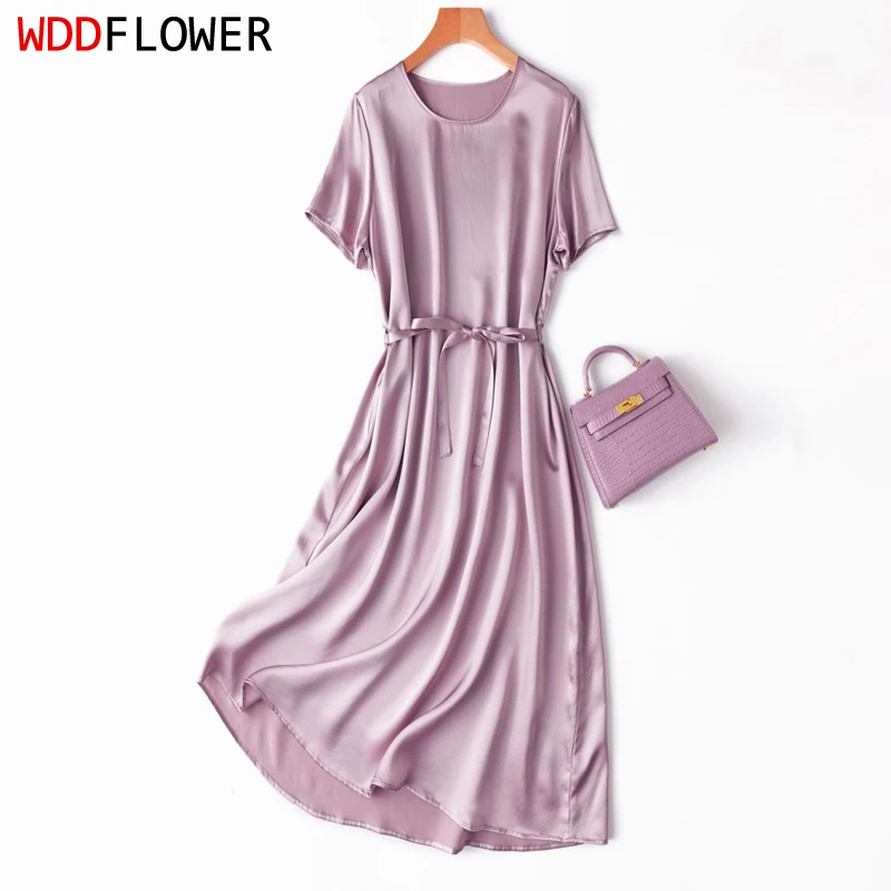 

Women Midi Dress 100% Mulberry Silk 20 Momme Charmeuse Silk Crew neck belted waist Pink Purple A Line Long Dress Summer M1291