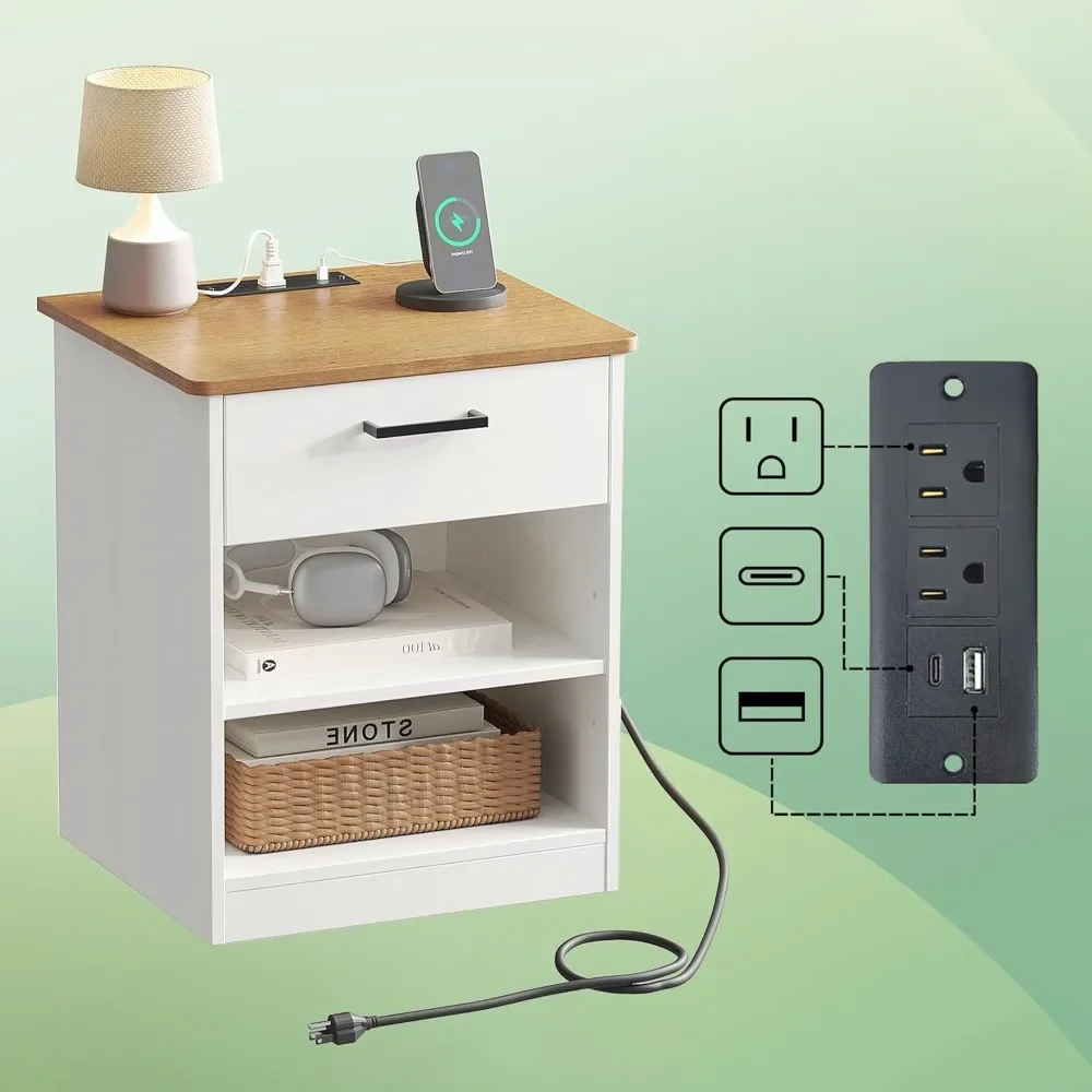 Everyday Side Table with Fast Charging Station - USB C Cable Fast Charging, Wooden Brown White Nightstand Bedside Table