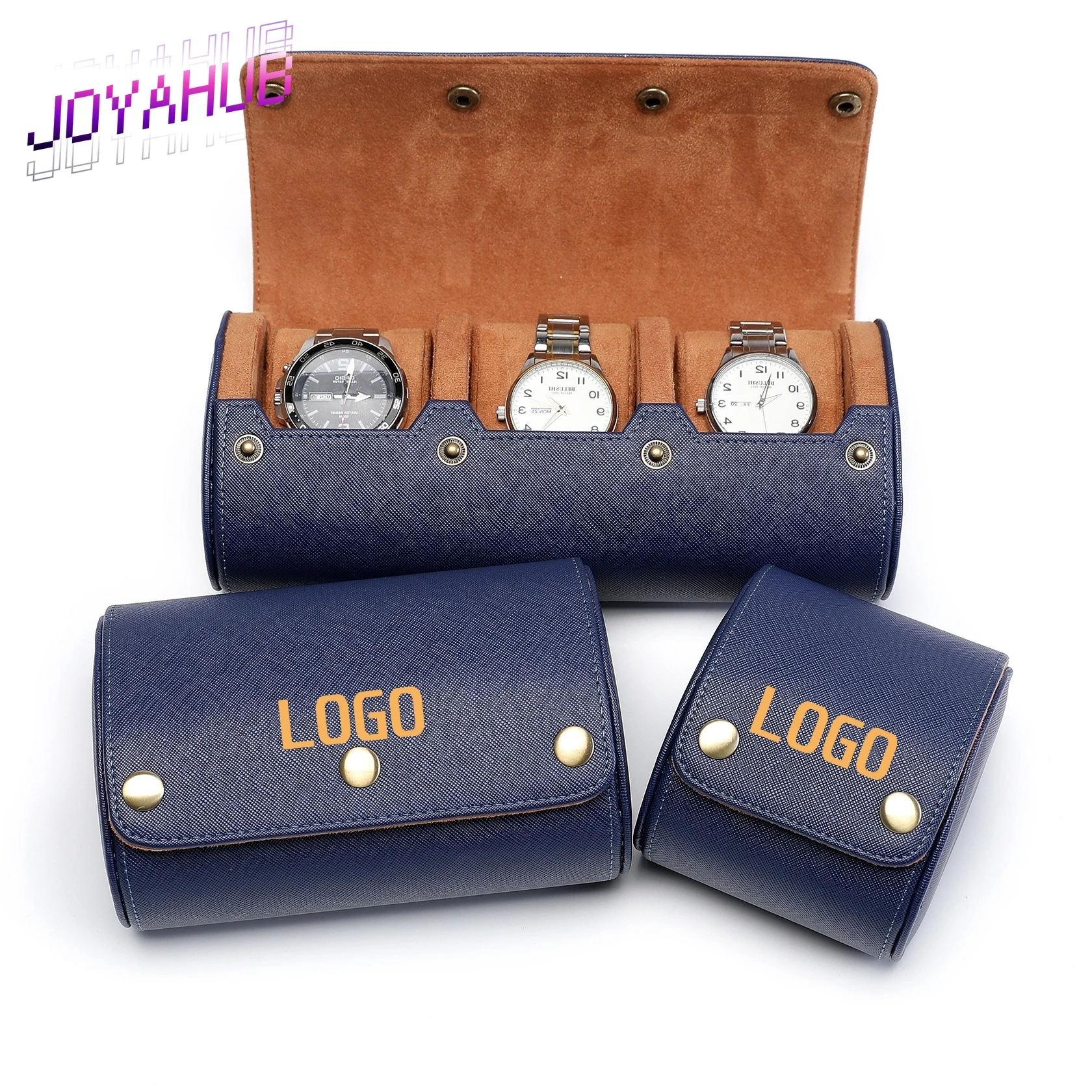 ​​Custom Logo Luxury Cross Pattern PU Leather Cylindrical Watch Box with Velvet Insert &Metal Rivets Premium Travel Storage Case