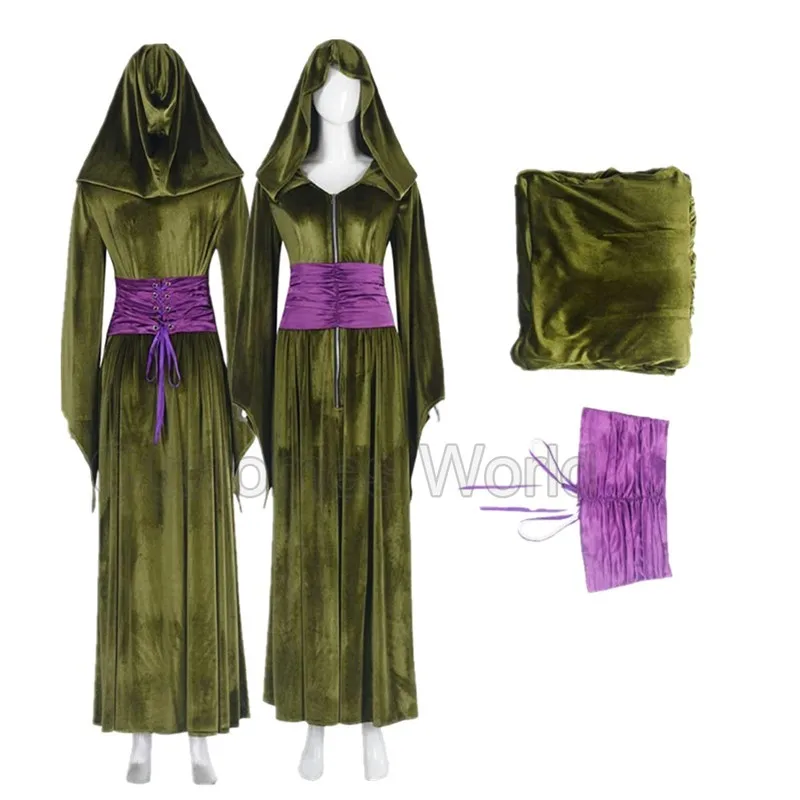 

Padme Cosplay Amidala Costume Green Dress Robe with Hood Purple Waist Band Fashion Outfit Suit Halloween Long Dress with Hat