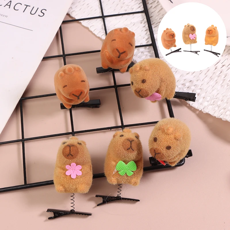 5 PCS Cartoon Funny 3D Kapibala Plush Hairpin Side Clips Animal Flocking Capybara Hair Clip Accessories Headwear Color Random