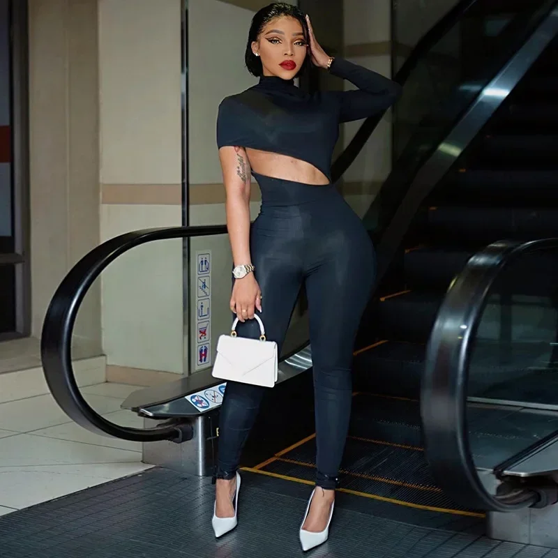 XIZOU One Shoulder Long Sleeve Cut Out Jumpsuit for Women Bodycon Sexy Streetwear Rompers Club Party Outfits Spring Summer