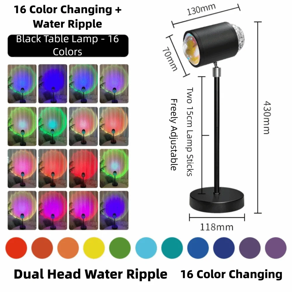High Quality 16 Colors Water Ripple Lamp Dual-Head Design Button Control Sunset Lamp 360° Rotation Night Light Home Bedroom
