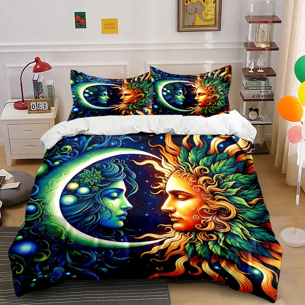 Artistic Contrast of Sun and Moon Pattern Duvet Cover Set Digital Print Colorful Polyester Bedding with Zipper Closur for gifts