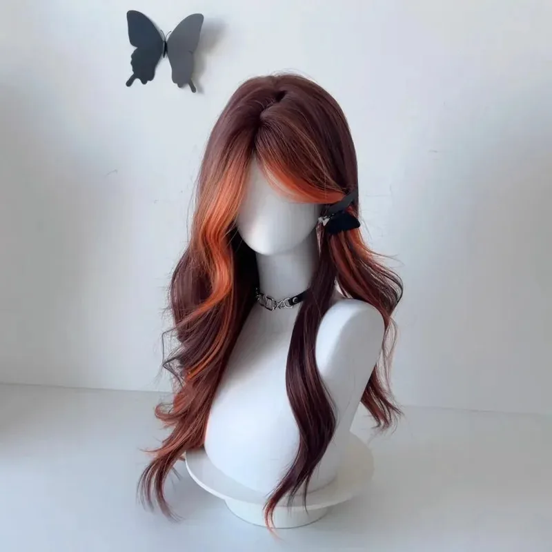 شعر مستعار للنساء برتقالي يسلط الضوء على أحمر بني طويل مجعد الشعر الأحمر الثعلب التدرج طبقة الشعور الشكل-ثمانية الانفجارات موجات كبيرة عقال