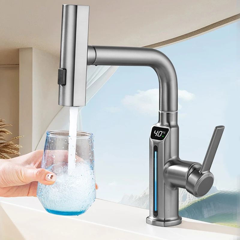 

LED Gray Kitchen Faucets Pull Out Rotation Waterfall Stream Sprayer Head Hot -Cold Water Faucet Wash Basin Rotation Water Tap