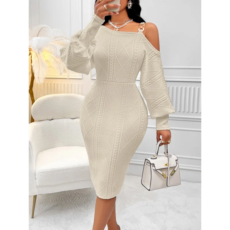 SHAN-Winter Hot Sale One Shoulder Lantern Sleeve Solid Color Waist Tight Package Hip Dress Independent Stand Sexy Style Women's