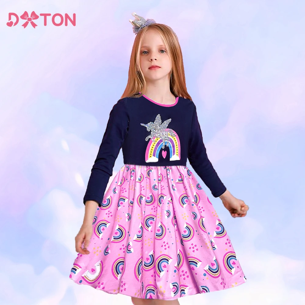 DXTON Autumn Children Dress Rainbow Printed Long Sleeve Kids Casual Dresses Unicorn Sequin Children Cartoon Toddler Clothing