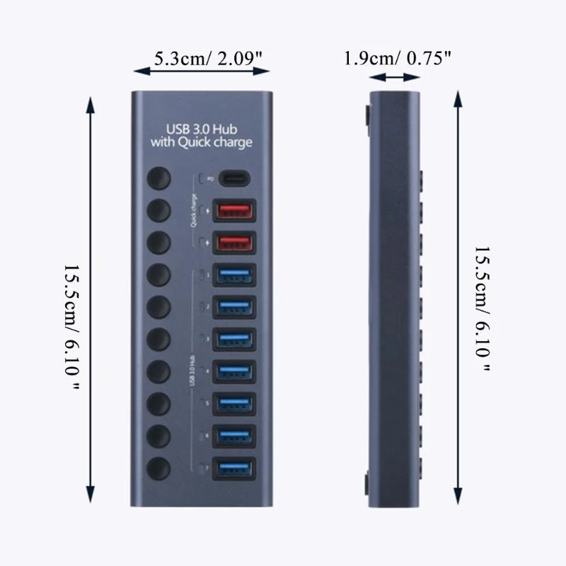 9-Port USB 3.0 + Type C Hub Expander with Individual Power Switches & LED Includes 60W 12V/5A Power Adapter 5Gbps Speed