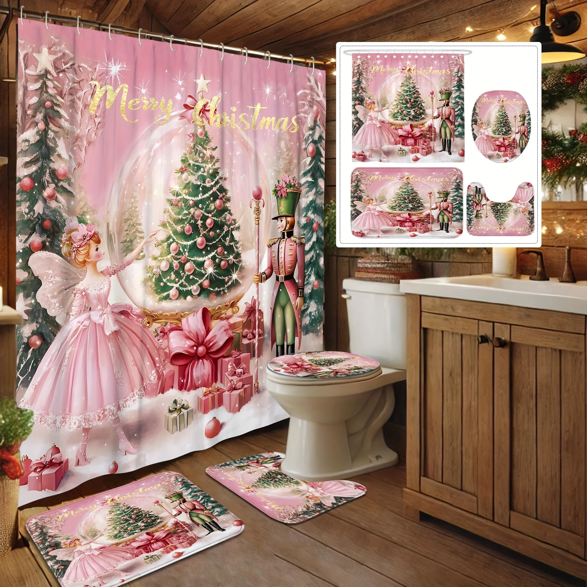 

Рождественский душевой набор из 4 предметов, Щелкунчик в подарок на дереве, милый розово-зеленый, праздничный декор для ванны, 12 крючков, нескользящий коврик, U-образный чехол