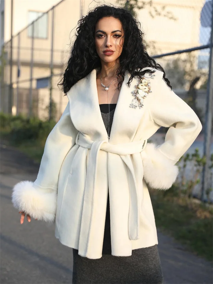 Tossy Fox Fur Wool Overcoat Women's Short Coat Office Lady Elegant