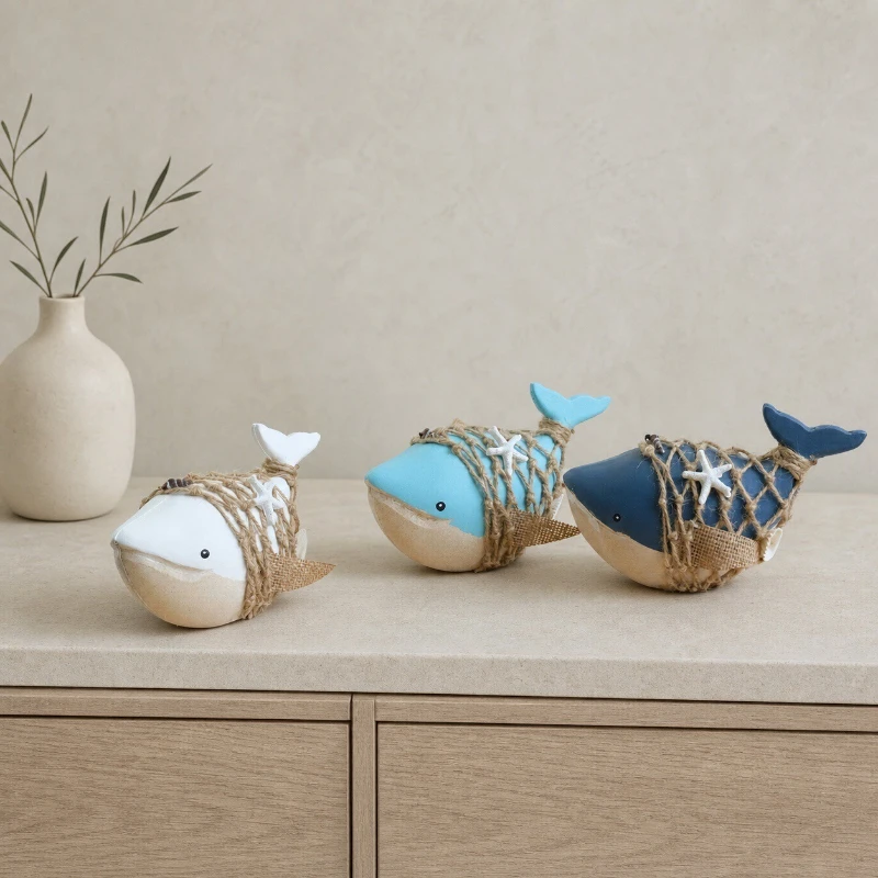 Mediterranean Hemp Rope Net Whale Ornament, Ocean Style Home Decoration Handicraft, Desktop Wooden Decoration Ornament
