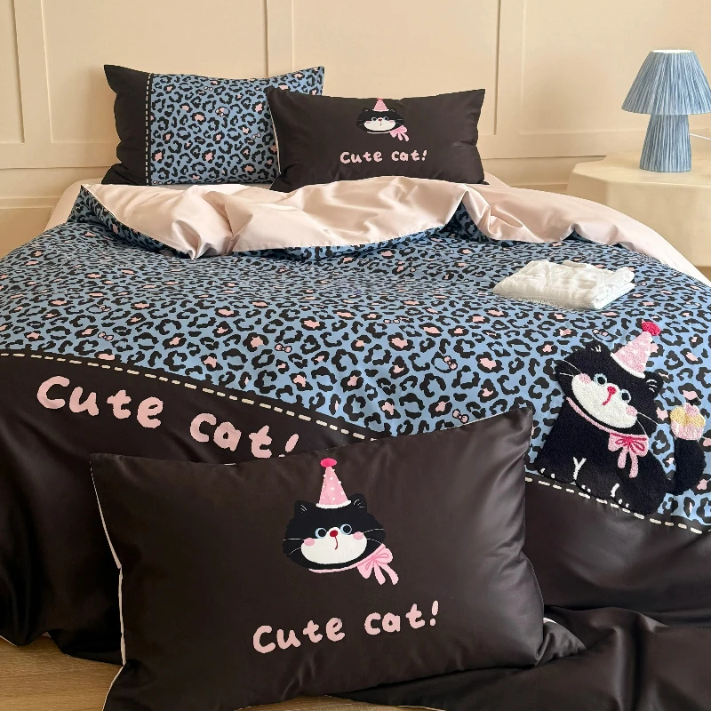 Bedroom Cartoon Girlish Heart All Cotton Pure Cotton Long Staple Cotton Four Piece Bedding Set Leopard Print Duvet Cover Bedding
