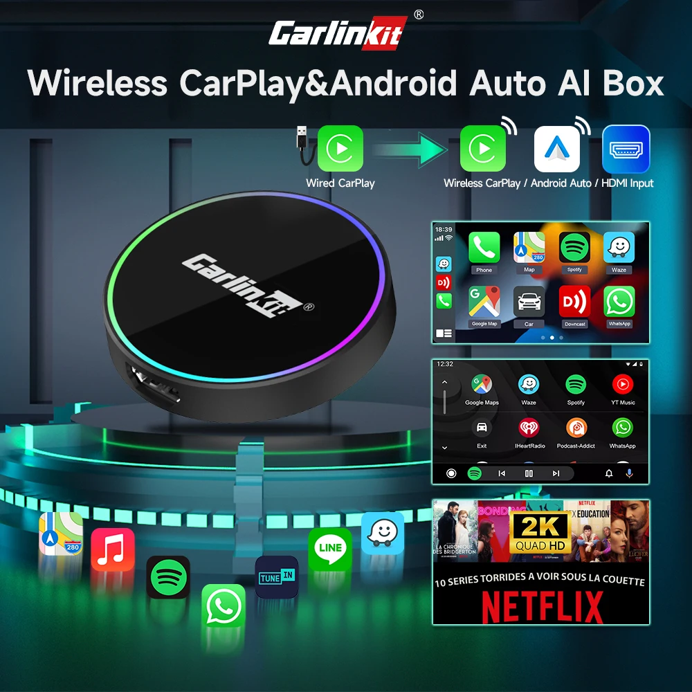 CarlinKit MINI Wireless CarPlay Adapter Android Auto Wireless TV Box 2025 New 2K HD HDMI Input Dongle for Youtube Netfliex Music