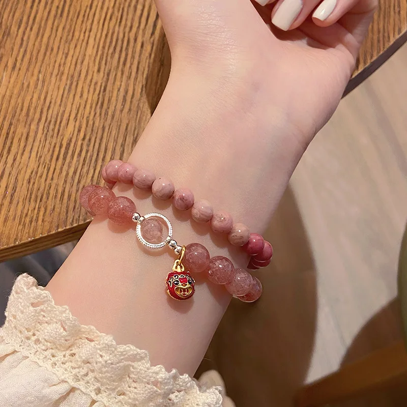 Light Luxury Sweet Niche Design Strawberry Quartz Rhodochrosite Mixed Wear Double Ring Bracelet National Style Lucky Cat Pendant