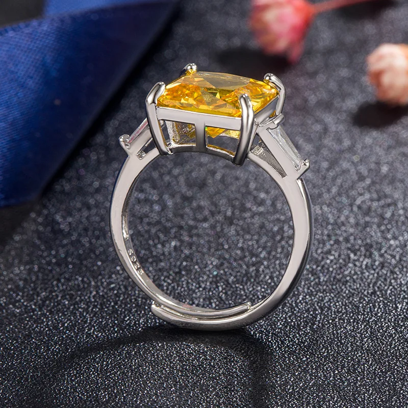 HuiSept Finger Ring for Women 925 Silver Jewelry Accessories with Citrine Zircon Gemstone Open Rings Wedding Promise Party Gift