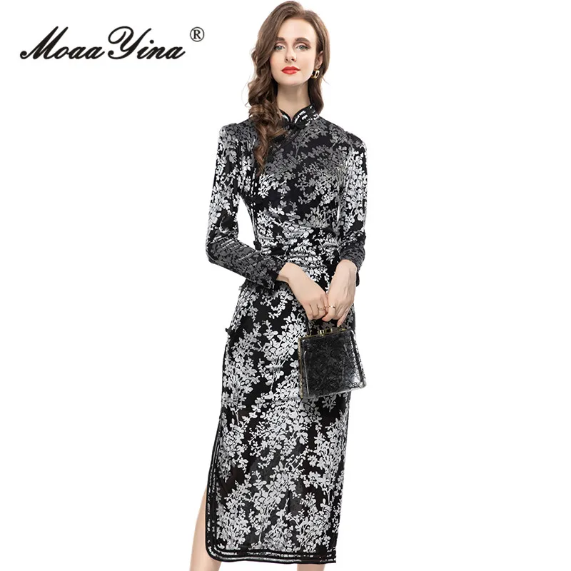 

MoaaYina Summer Fashion Designer Elegant Hit Color Print Dress Women's Stand Collar Button Package Buttocks Slit Slim Long Dress