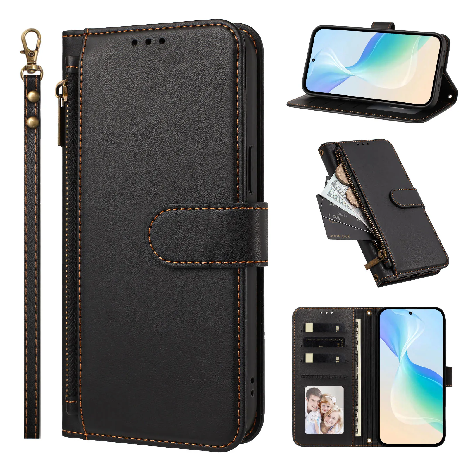 Wrist Strap PU Leather Zipper Wallet Phone Case For Samsung Galaxy S26 S25 Plus S24 FE S23 Ultra S22 A27 A37 A57 A17 A26 Cover
