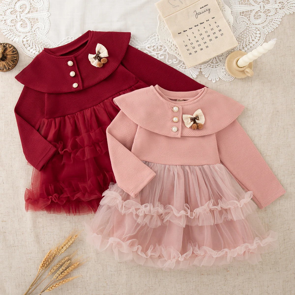 

Girls Dresses Autumn/Winter Cotton Solid Color Mesh Long Sleeved Baby Girl Dress Simple And Sweet Christmas Princess Dress