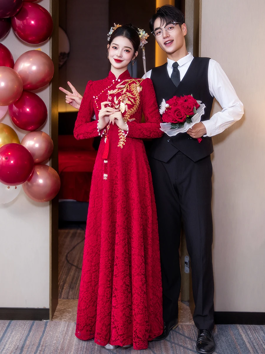 

Ele Chinese Wedding Dr New Bridal Gown Slimming Wedding Reception Suit Winter Sle Long Sve Zipper Ba A-Line Skirt