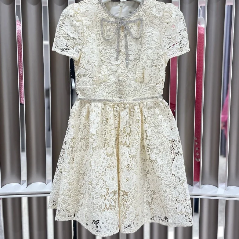 

Women Hollow out Lace Dress Round Neck Bow Knot Short Sleeve Diamond Evening Birthday Party Mini Dress