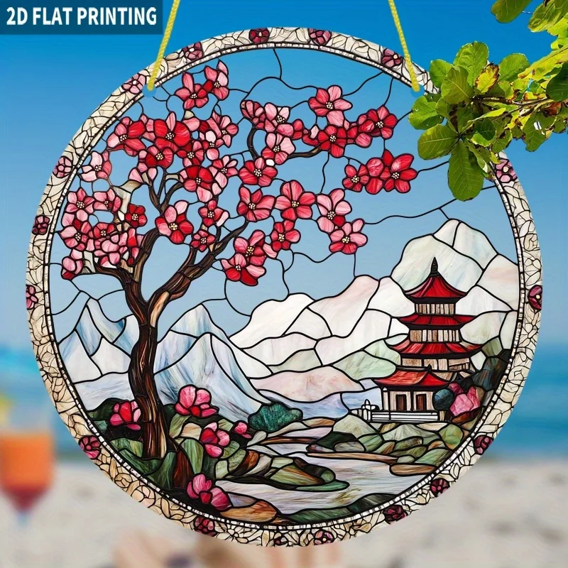 Acrylic Painting Cherry Blossom & Pagoda Stained Glass Window Hanging Suncatcher, 2D Flat Asian Landscape with Sakura Tree Acryl