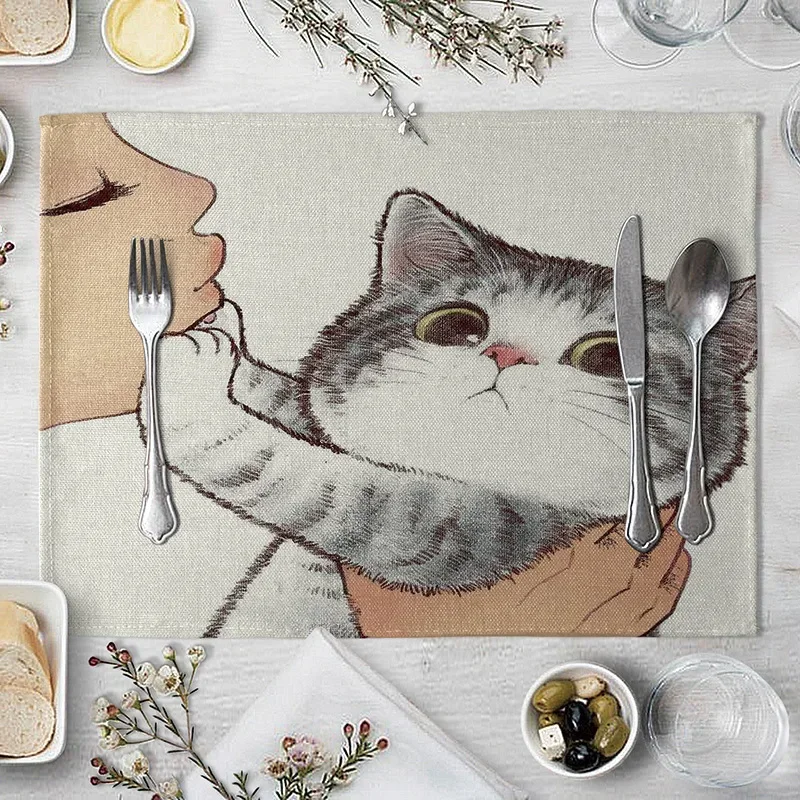 45x32cm Linen Print Table Mat Cute Cat Cartoon Animal Pattern Placemats For Children Kids Kitchen Dining Place Pads