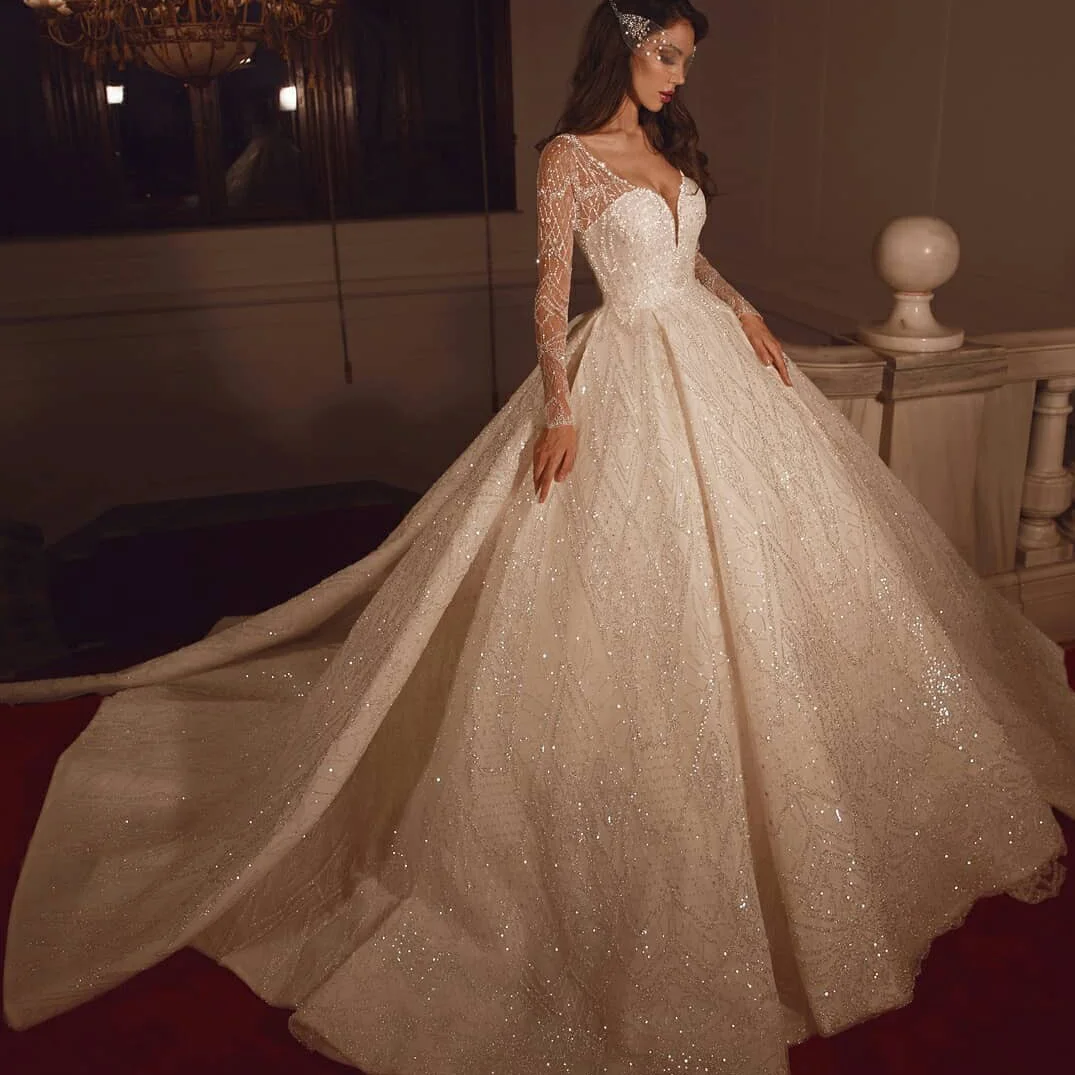 Luxury crystal sequins V-neck perspective wedding dress prom banquet dress Dubai style wedding dress