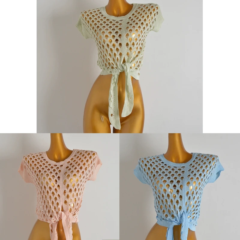 

Вязаные топы в сетку для женщин, синяя трикотажная одежда с короткими рукавами и галстуком, модная блузка-рубашка для девочек, жаркое лето