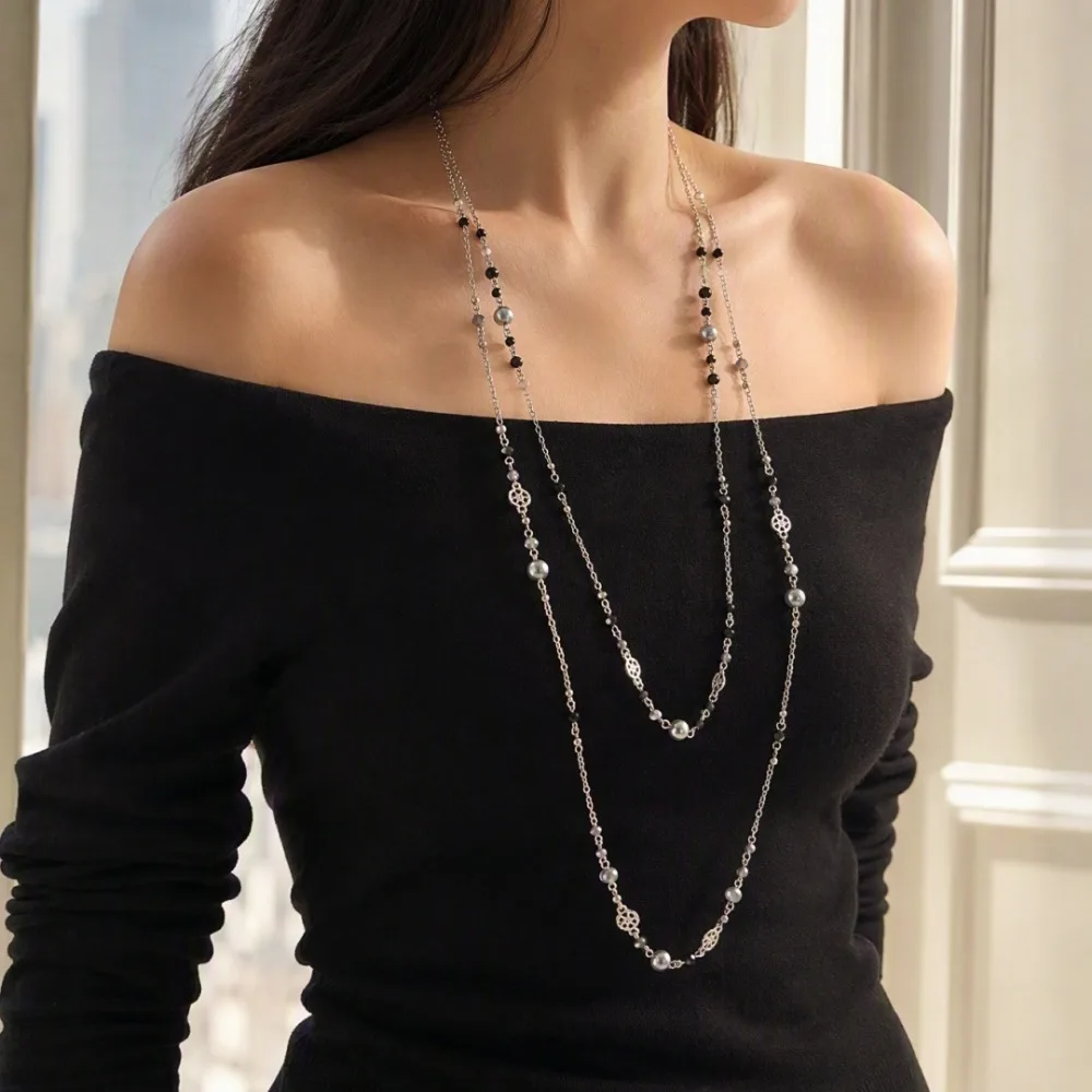 2pcs Set Fashion Simple Aged Silver Color Hollow Star Imitation Pearl Long Tassel Stack Necklace for Women Vacation Jewelry Sets