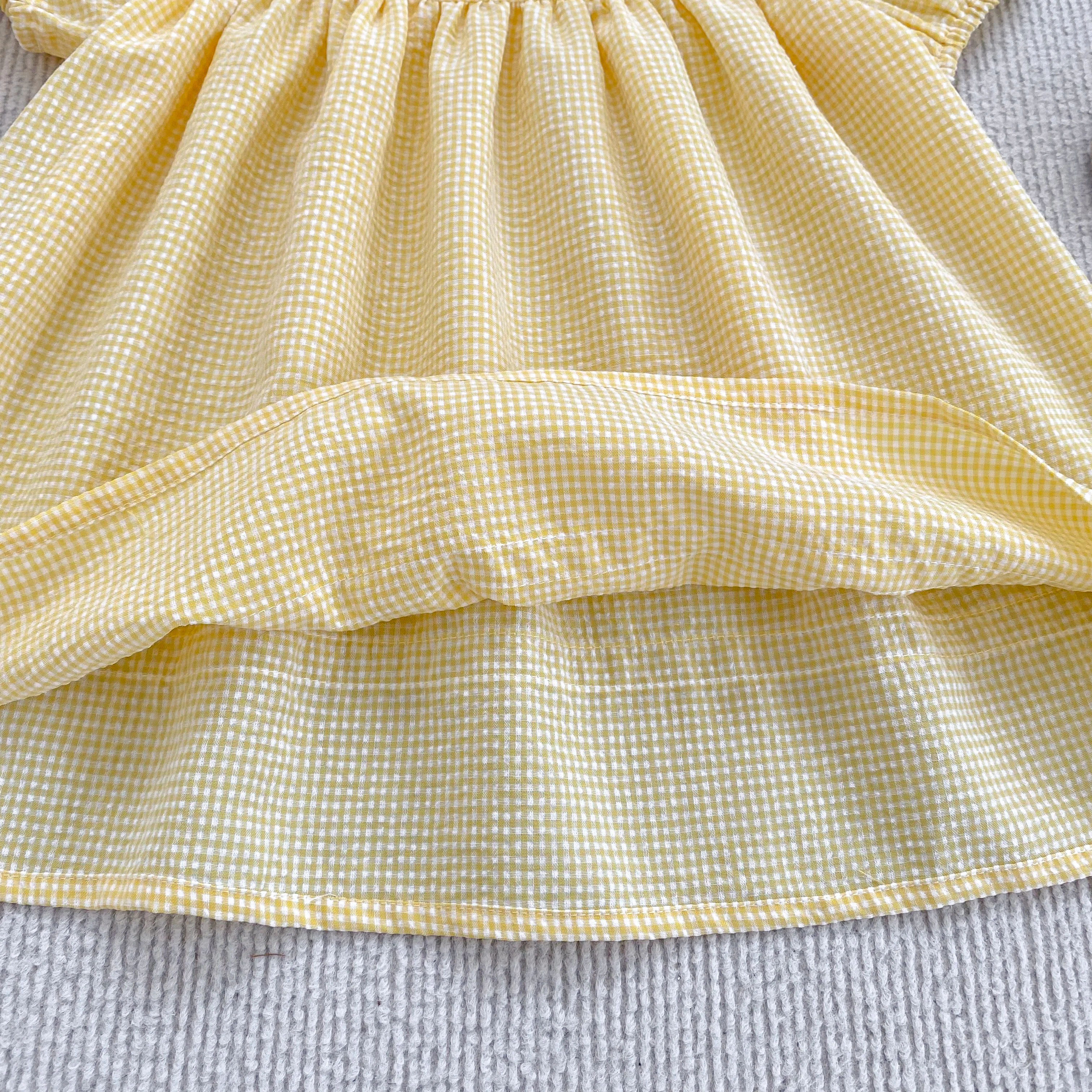 2026 Sommer 2-6 Jahre Kinder Karo-Süßes Partykleid 0-24 Monate Baby Mädchen Stickerei Kragen Kurzarm Body Gelbes Schwesterkleid – Detail 25