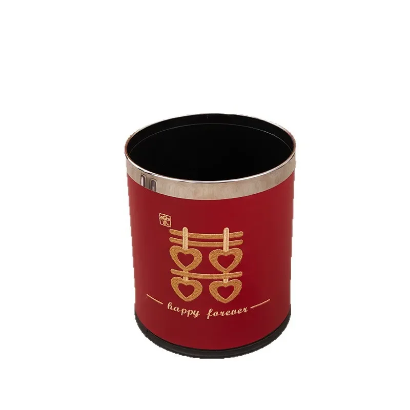 Red Embroidered Leather Waste Bin for Wedding Living Room Bedroom Decorative Household Sanitary Bucket Festive Home Accessory