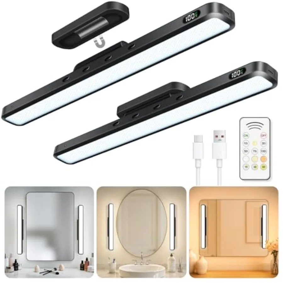 

3W Mirror Lights with Remote Control, Eye-Friendly Magnetic Light Bar with Battery Level Display, Adjustable Color Temperatures