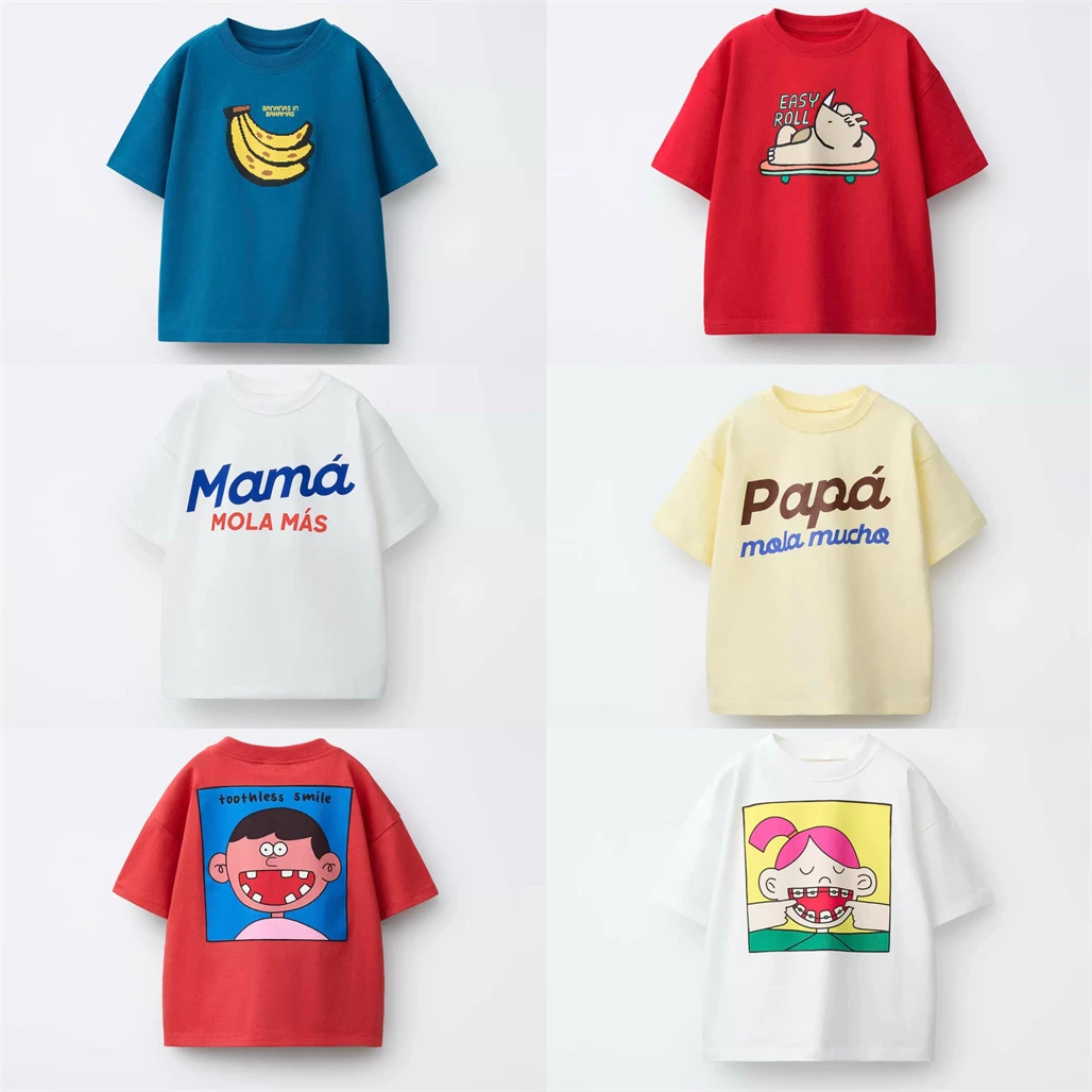 Printing TShirt For Children Fashion Casual Thin Short Sleeve Pure Cotton Clothes Round Neck Pullovers Toddler New Lovely Tees