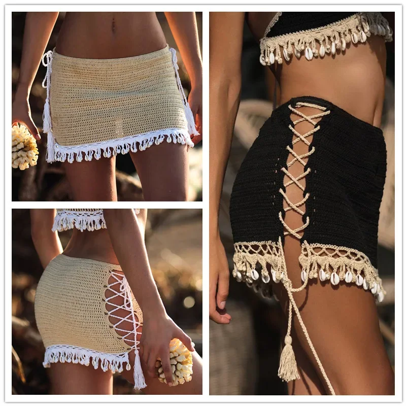 European and American Trend Handmade Crochet Girls Beach Bikini Short Skirt Sexy Shell A-line Skirt