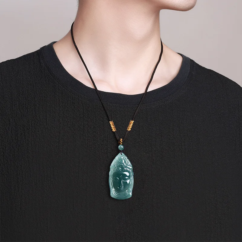 Authentic Natural A-grade Jadeite Blue Water Three-Dimensional Guanyin Head Pendant Ice Seed Jade Necklace For Men Women Jewelry