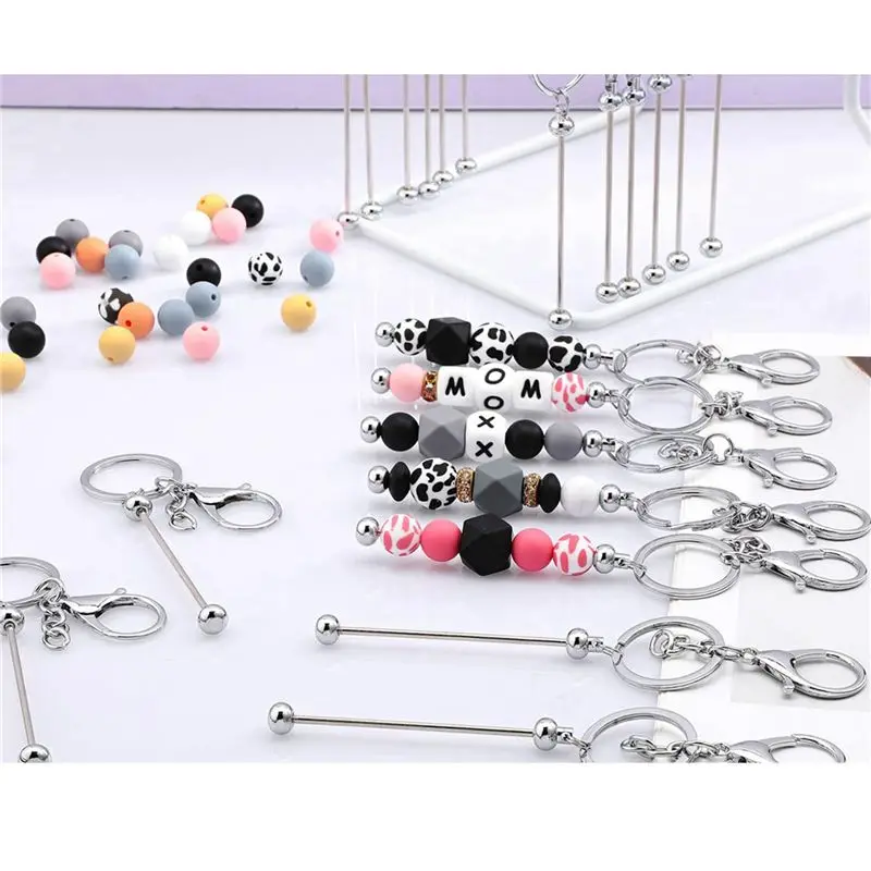 BHTS-48 Pcs Beadable Keychain Bars Bulk For Beads DIY Blank Keychain Metal Beaded Keychain For Bead Keychain Crafts Silver