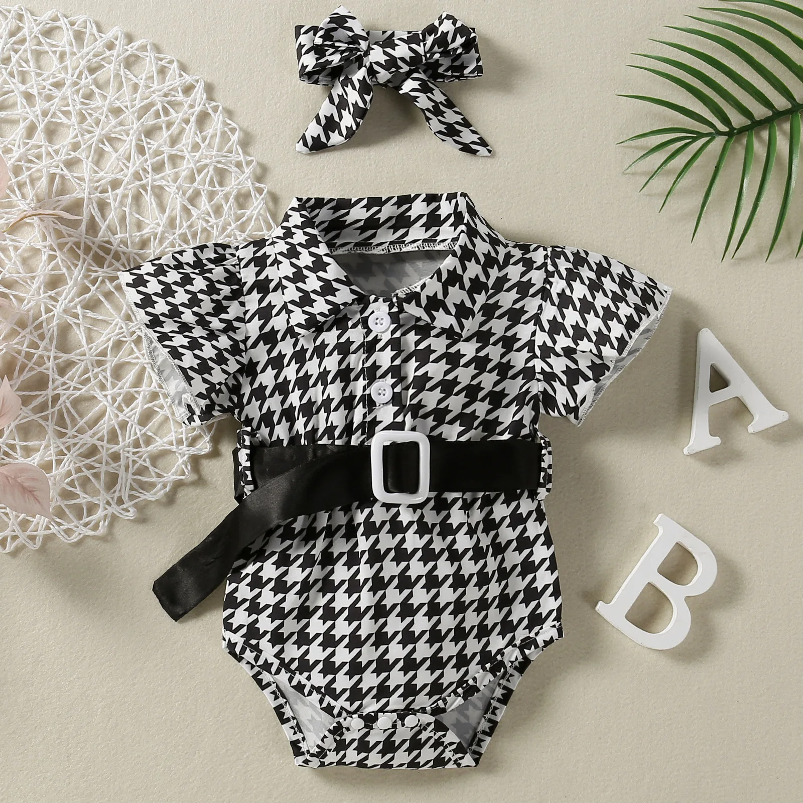 Summer Infant Girl Romper with Stand Collar And Small Flying Sleeves Triangular Design with Belt And Headband for Babies